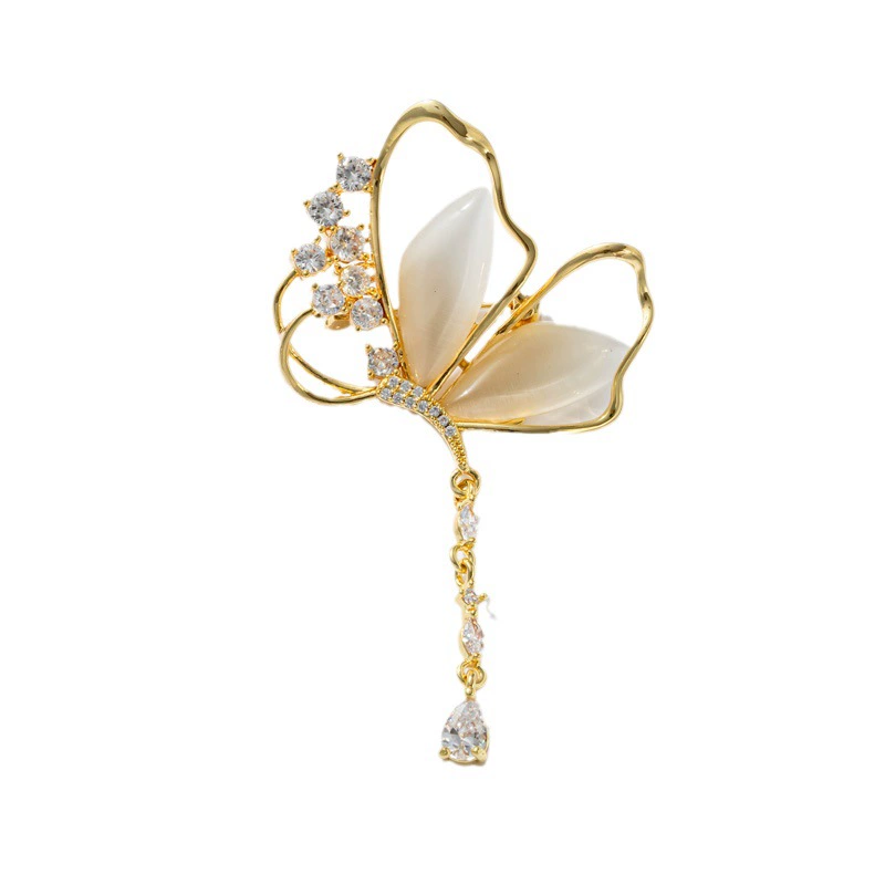 Copper three dimensional zirconium with tassels, брошь бабочка, запонка для вечернего платья, аксессуары