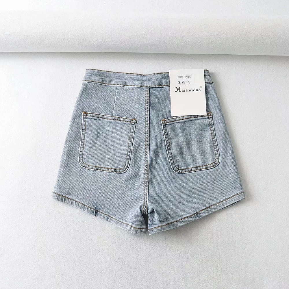 High Waist Label Skinny Denim Shorts NSHS61804