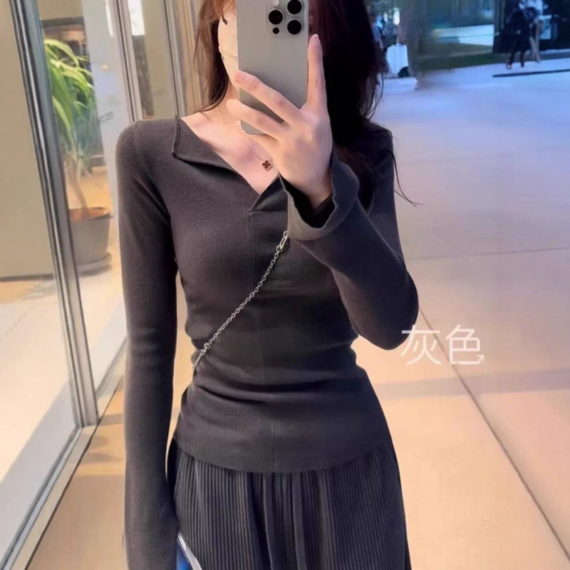 纯色V领正肩针织衫女内搭秋冬长袖毛衣打底衫设计感小衫绝美上衣|undefined
