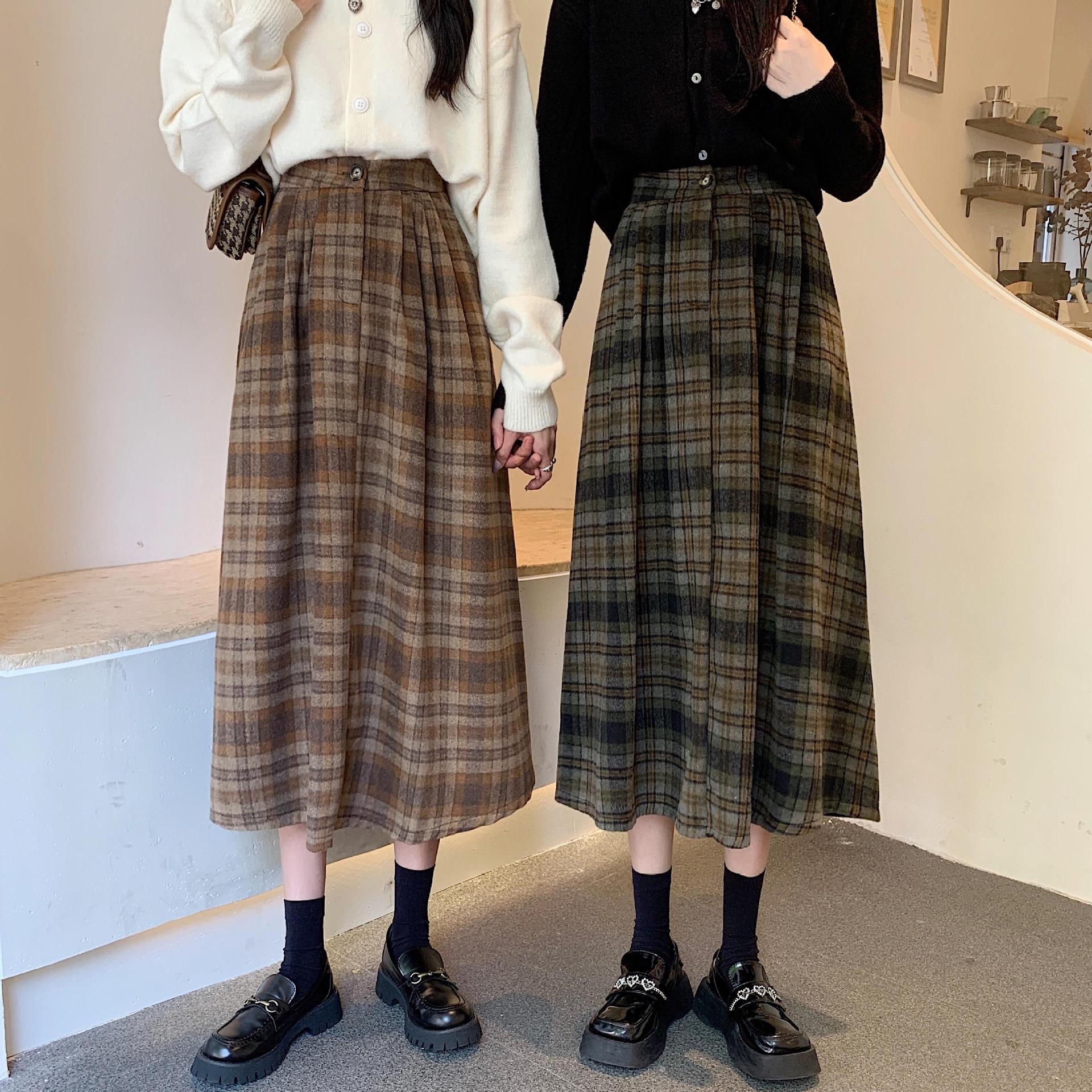 2024 İlkbahar Pileli Etek, Kahve Rengi Ekose Etek, Kadın Orta Uzunluk, Yüksek Bel, A Kesim, Küçük ve Çok Yönlü, Büyük Şemsiye Etek_voghion.com
