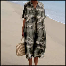 2025独立站亚马逊长袖V领衬衫连衣裙女士休闲迷彩连衣裙袖长裙E02