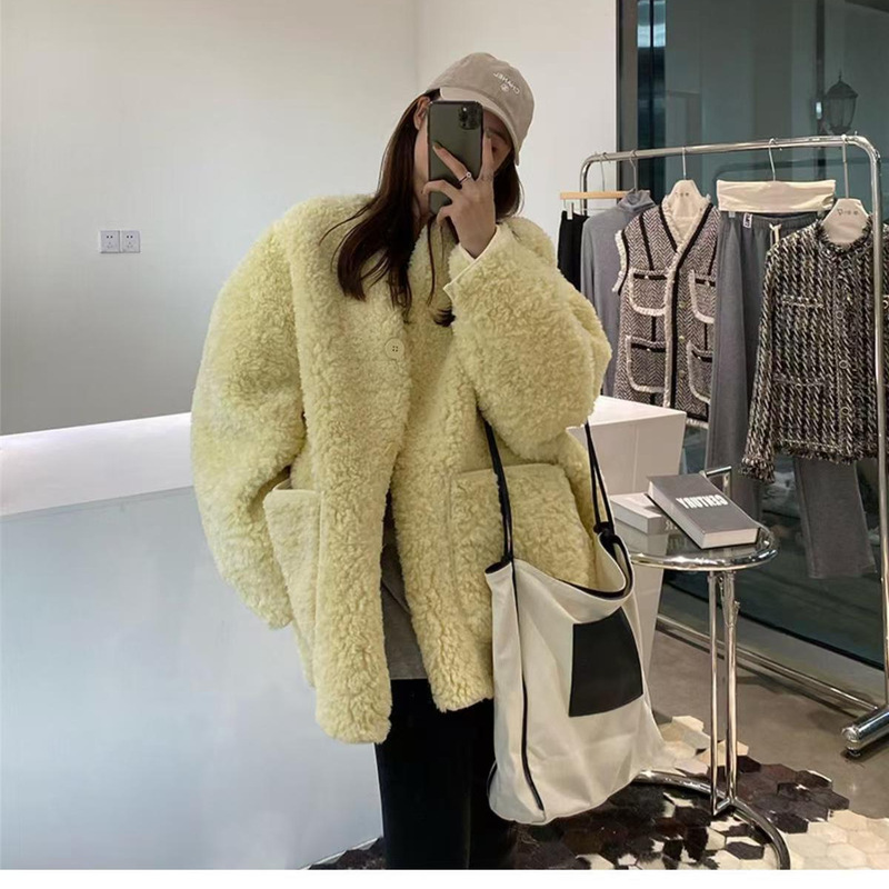 Autumn and Winter Lamb Wool Coat for Women, Korean Style Hepburn Style, Elegant and Thick Fleece Coat