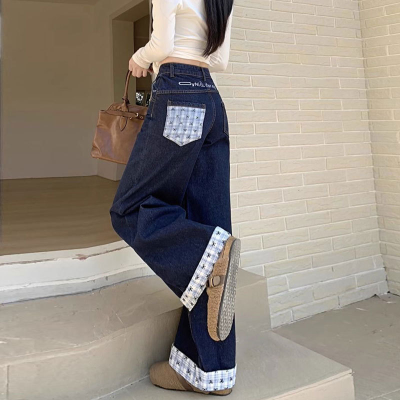 Spliced Design Butterfly Plaid Embroidery Straight Jeans for Women Plus Size High Waist New Fat mm Loose Wide Leg Pants
