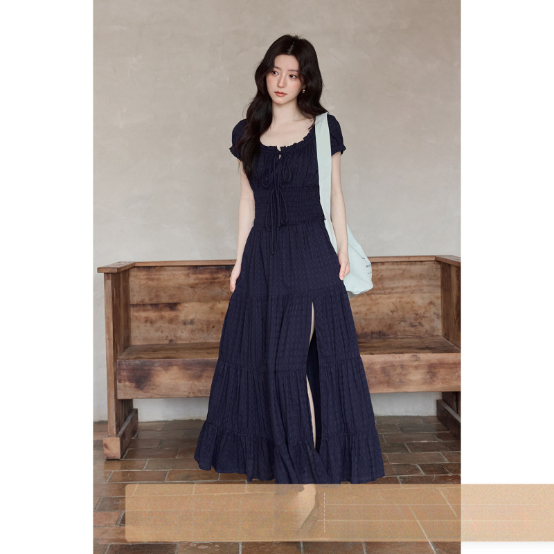 New Summer Korean-Style Elegant and Beautiful Dress in Navy Blue with Square Neck, Puff Sleeves, and Long Slit for Women