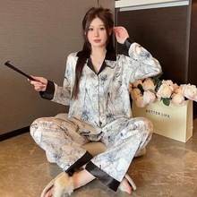 高级感奢华冰丝睡衣女春秋季长袖薄款性感水墨画外穿家居服套装