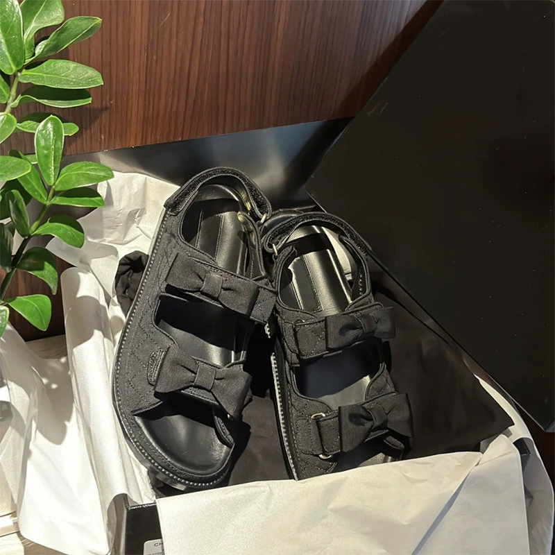 Summer beach universal beach footwear with bow with velcro, sandals, Chanel style, genuine leather