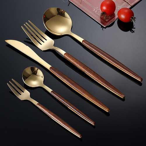 Amazon imitation wooden handle stainless steel steak knife and fork retro Portuguese Western tableware five-piece set dessert spoon and fork
