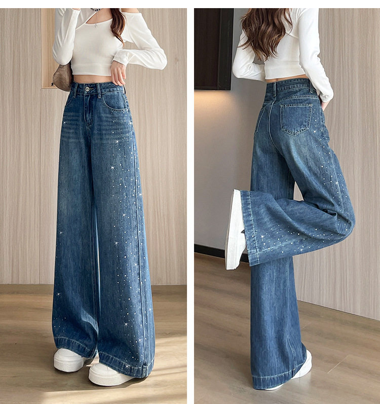 Quần jean ống rộng nữ cạp cao đính đá màu xanh cổ điển, dáng suông rộng thoải mái — Retro màu xanh chín điểm, Xanh Vintage, Dáng Dài, Xám Than, Dài Hơn, Xám than, dáng thường chi tiết 18
