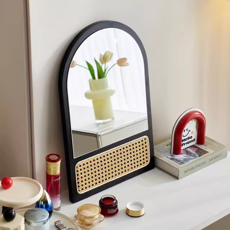 Espejo de maquillaje de madera retro dormitorio doméstico mirillo de caña mirillo de pared mirillo de escritorio mirillo de escritorio grande