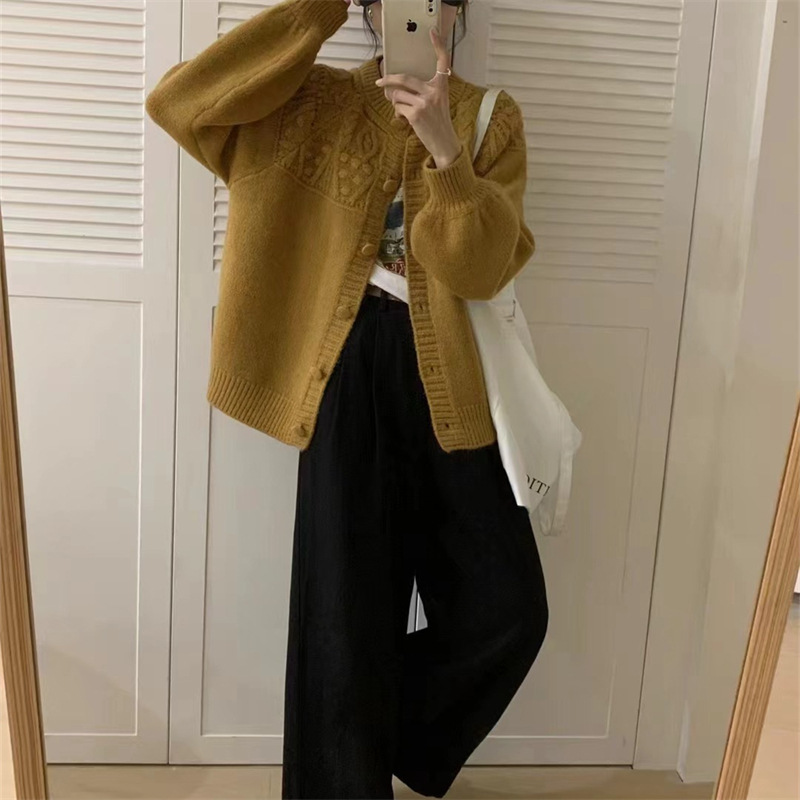 秋装2024新型女性純色セーターニットカーディガン外着女性コート秋冬デザイン感大衆上着|undefined