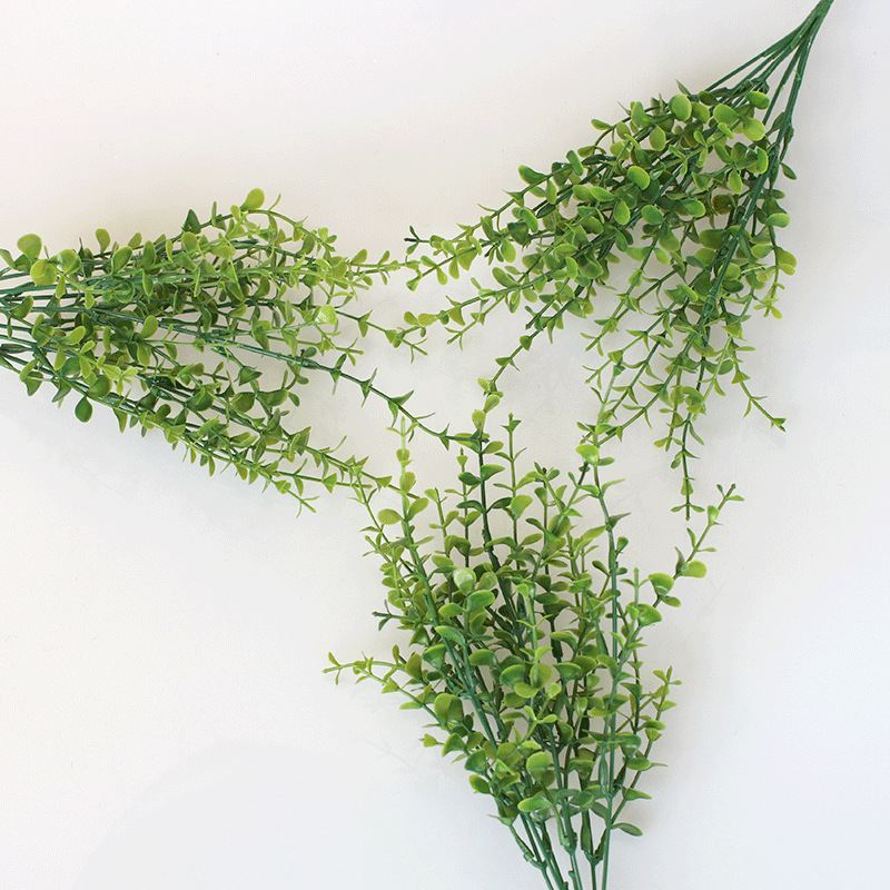 亚马逊仿真绿植塑料花束 家居酒店装饰金钱草 7叉尤加利黄杨木