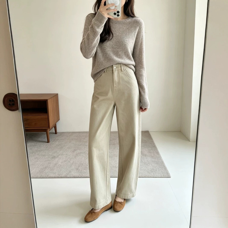 Secret to straight legs~! Khaki curved cut jeans for women, 2026 new autumn high-waisted wide-leg slimming pants
