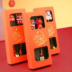 Q龍年勺叉兩件套 招財貓公仔金色福袋勺子水果叉新年餐具禮品裝