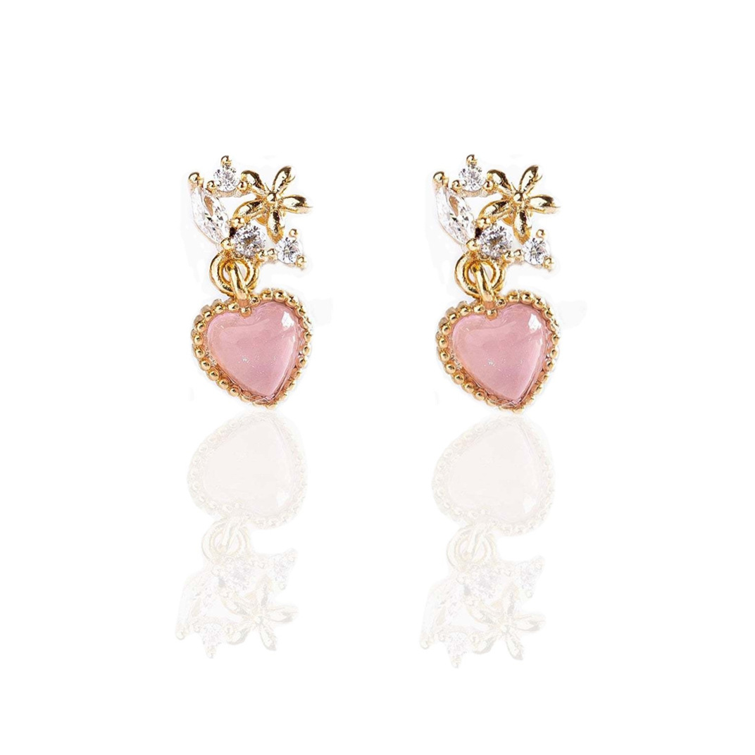 Pink Oil Drop Heart Stud Earrings 18K Gold Non-Fading Earring Heart-Shaped Ear stud