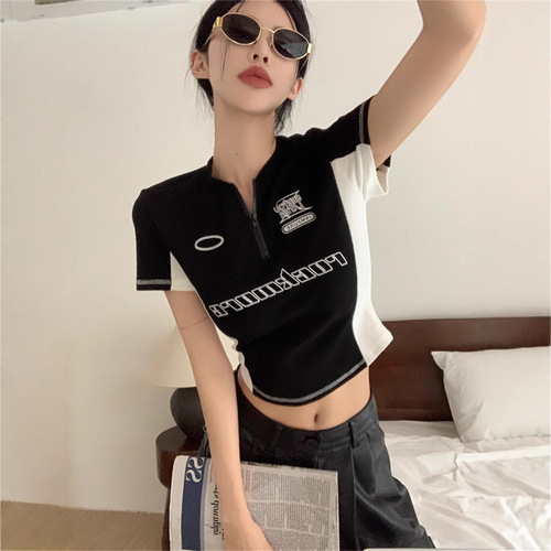 American Style Spicy Girl Functional Style Striped Contrast Print Embroidered Retro Crew Neck Slimming Braless Zipper Top for Women