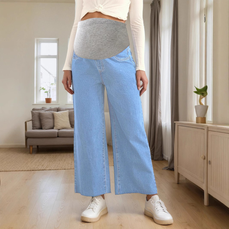 9351 Cross-Border European and American Maternity Jeans Spring & Fall Loose Wide-Leg Pants Outer Wear Belly Support Pants Straight Pants