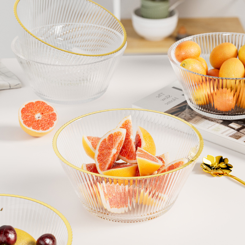 북유럽 스타일 수직 패턴 내열 가정용 유리 그릇 높은 색상 가치 살라 그릇 인터넷 인기 수프 그릇 과일 접시 즉석 국수 그릇