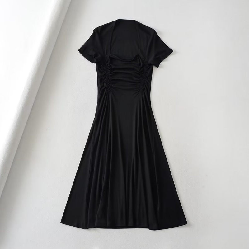 Pleated High Waist Mid Length Square Neck Short Sleeve Large skirt Dress  NSXDX135903