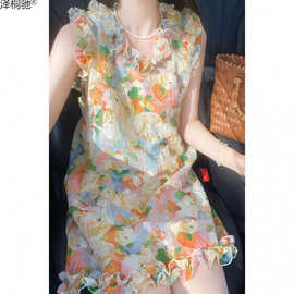 2025年甜美小清新彩色印花木耳边连衣裙女夏季超仙气质驰