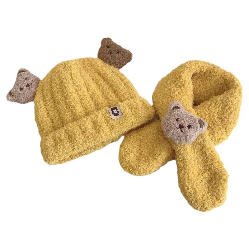 Baby Hat Autumn and Winter Plush Scarf Two Piece Set for Baby Boys and Girls, Little Bear Cute and Warm, Thickened Toddler Hat