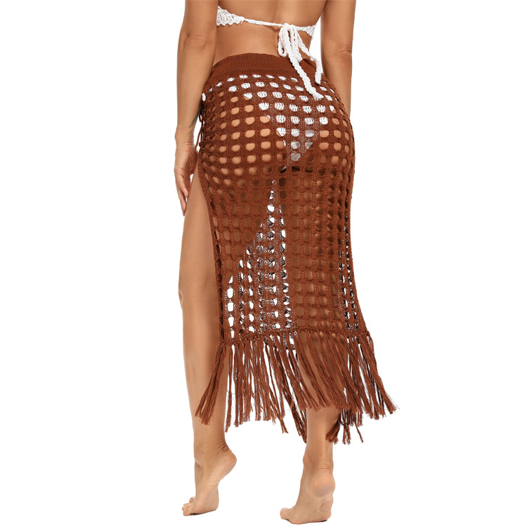 see-through hollow knitted slit fringed beach skirt NSCYG125869