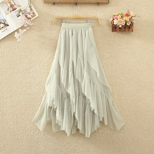 Irregular ruffled chiffon skirt, women's spring/autumn high-waisted skirt, half-length skirt, maxi skirt with a voluminous hem that creates a slimming effect.