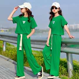 女童网红套装2023夏季新款中大童洋气时髦女孩韩版短袖长裤两件套