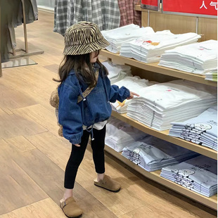 Girls' Spring and Autumn New Korean Loose Hooded Denim Jacket Casual White Long T-shirt All-match Leggings