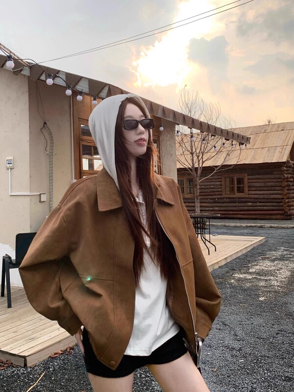 【原版雪花皮】美拉德复古麂皮绒外套女秋季宽松翻领休闲机车夹克|undefined