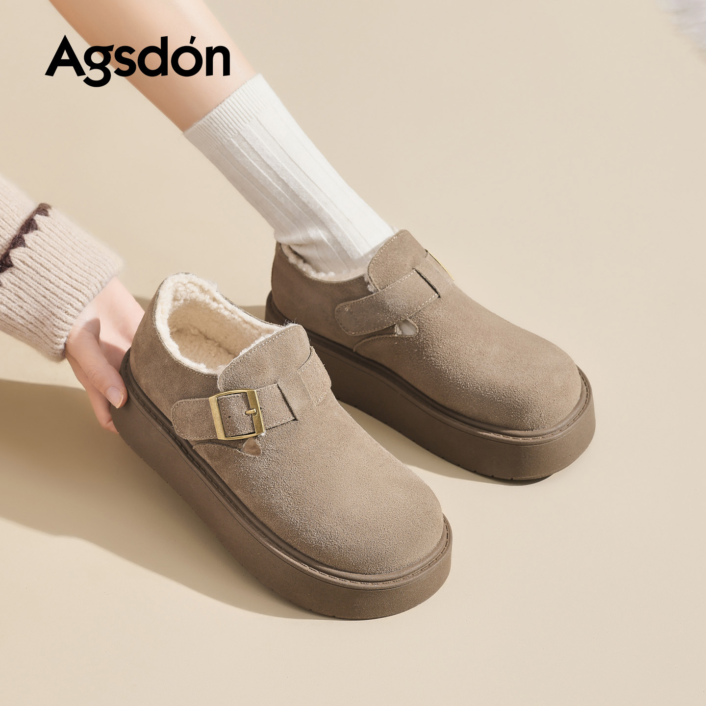 Augu Shi Deng fondo grueso más vello Bocken zapatos mujeres 2025 nuevo invierno un pie todo incluido zapatos de lana zapatos de algodón