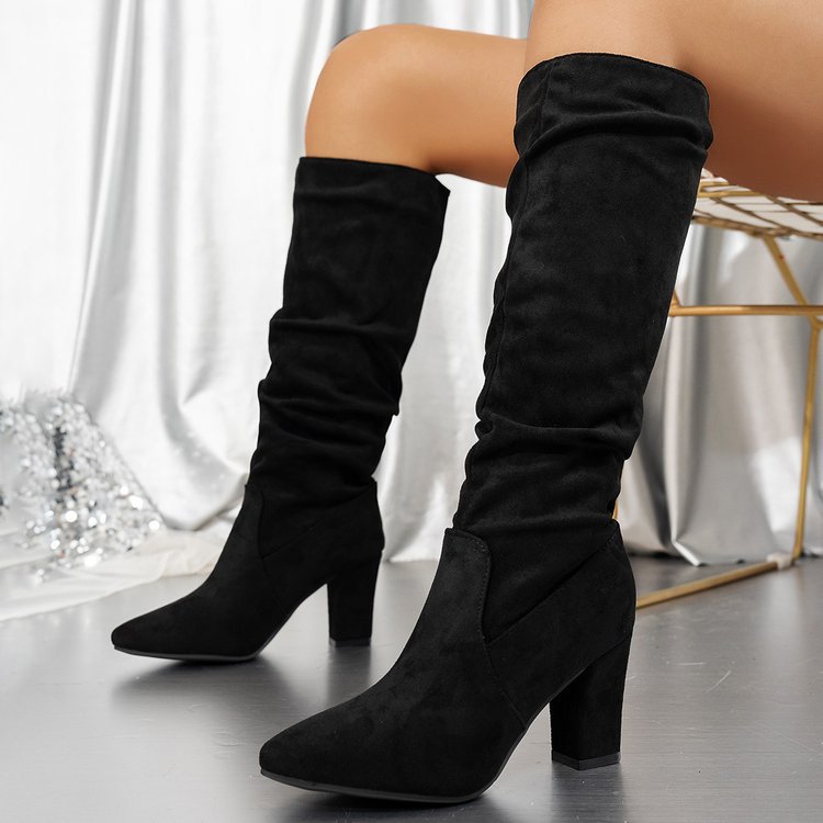 外贸新款粗跟尖头时尚女靴子跨境高跟堆堆靴显瘦靴Women Boots