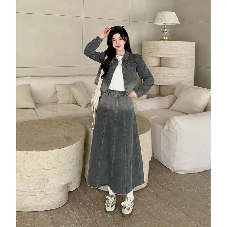 大码港风休闲气质套装连衣裙女秋冬胖mm显瘦牛仔外套长裙子两件套|undefined