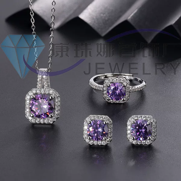 Live Broadcast Hot-Selling Dazzling Zircon Princess Cut Three-Piece Set: Ring, Earrings, Necklace, Moissanite Jewelry Set for Women