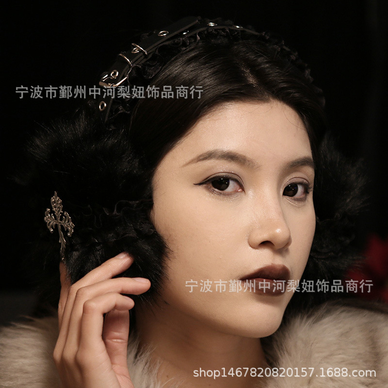 手作蕾丝耳罩十字架别针亚比y2k 朋克暗黑系耳包暖辣妹地蕾