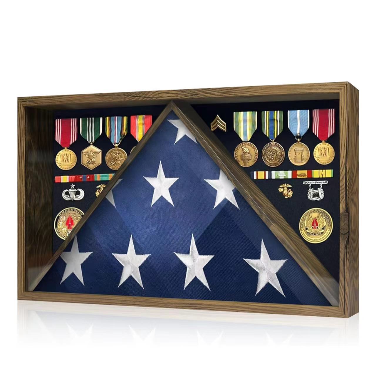 Estante de almacenamiento de la medalla de la bandera transfronteriza Adornos de madera Caja de sombra de la bandera de los veteranos Caja de exhibición de la cubierta protectora de la bandera