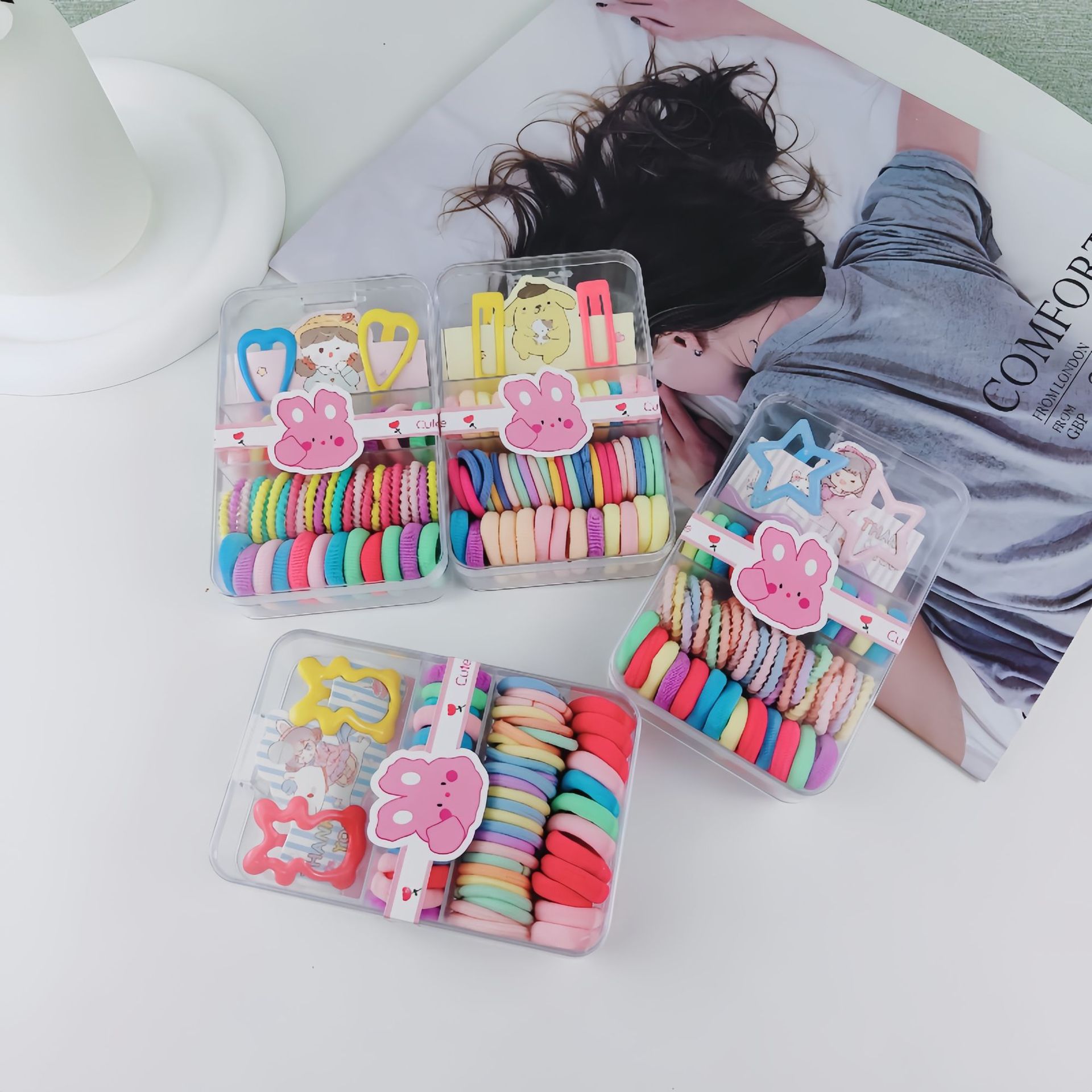 Niños de color pulgar fideos anillo de cabello no daña cabello cuadrado caja de banda nuevo anillo no daña cabello conjunto de combinación