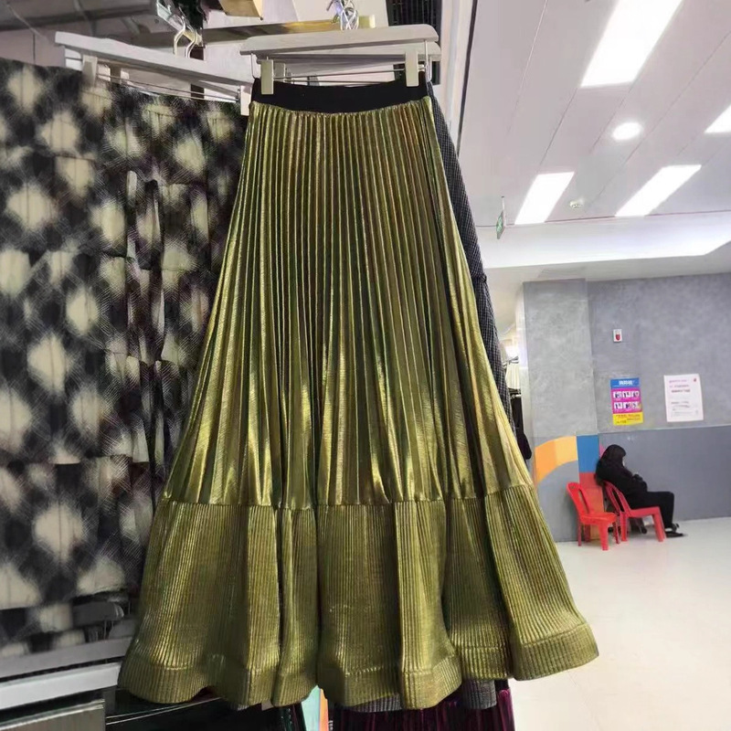 Light Luxury High-End Metallic Luster Pleated Skirt Long Skirt Heavy Pleated Fishtail Large Skirt A-Line Skirt