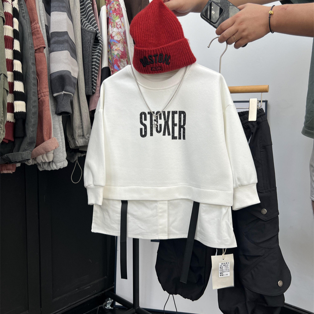 American hip-hop style autumn boys' letter  two-piece spliced shirt hoodie children's hooligan handsome street dance_voghion.com