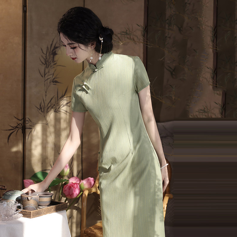 條紋國風中式長款改良旗袍新款年輕款女民國老上海復古修身畢業照