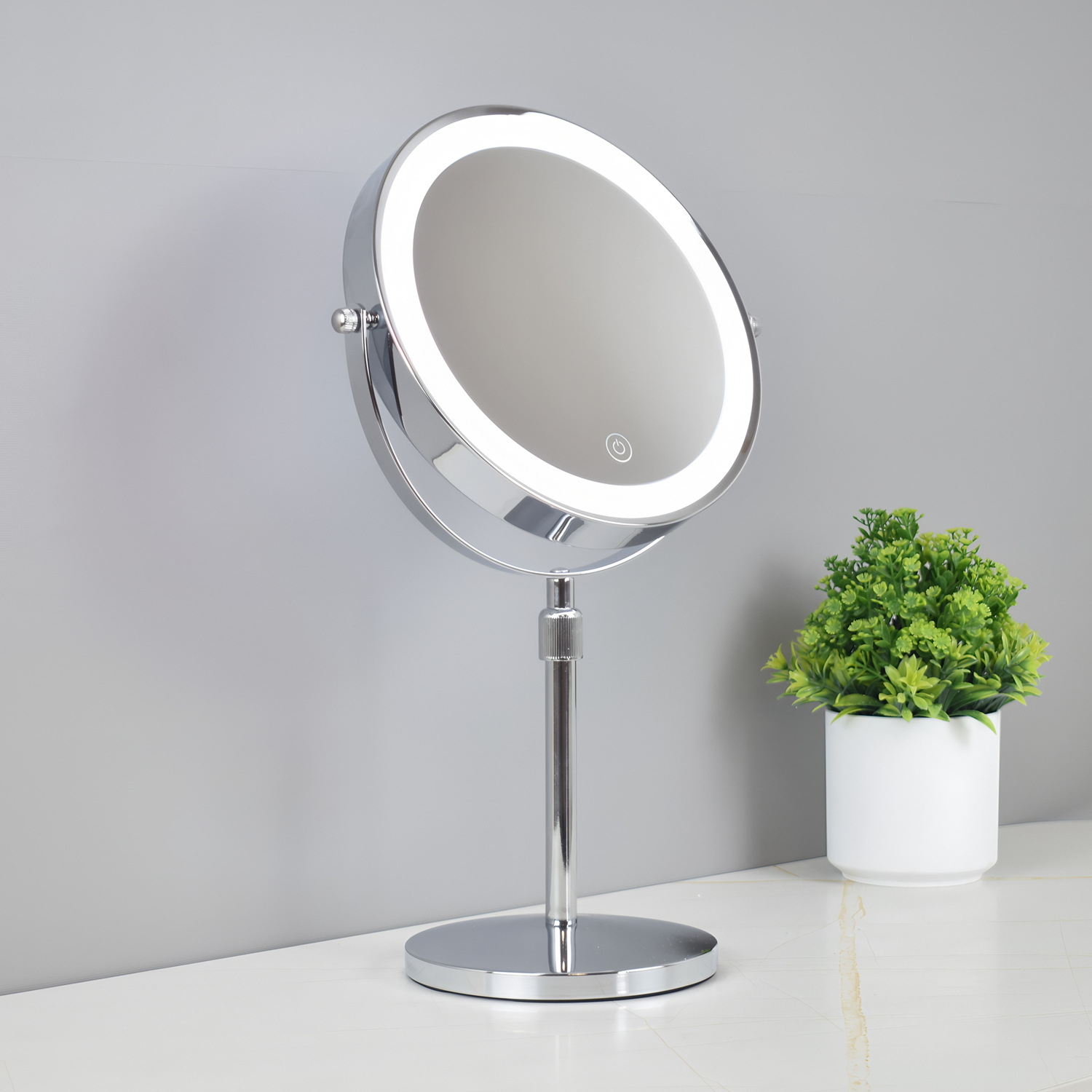 Espejo de maquillaje de doble cara de 8 pulgadas para escritorio, espejo de mesa redondo iluminado, espejo LED con luces, espejo telescópico con aumento, altura ajustable.