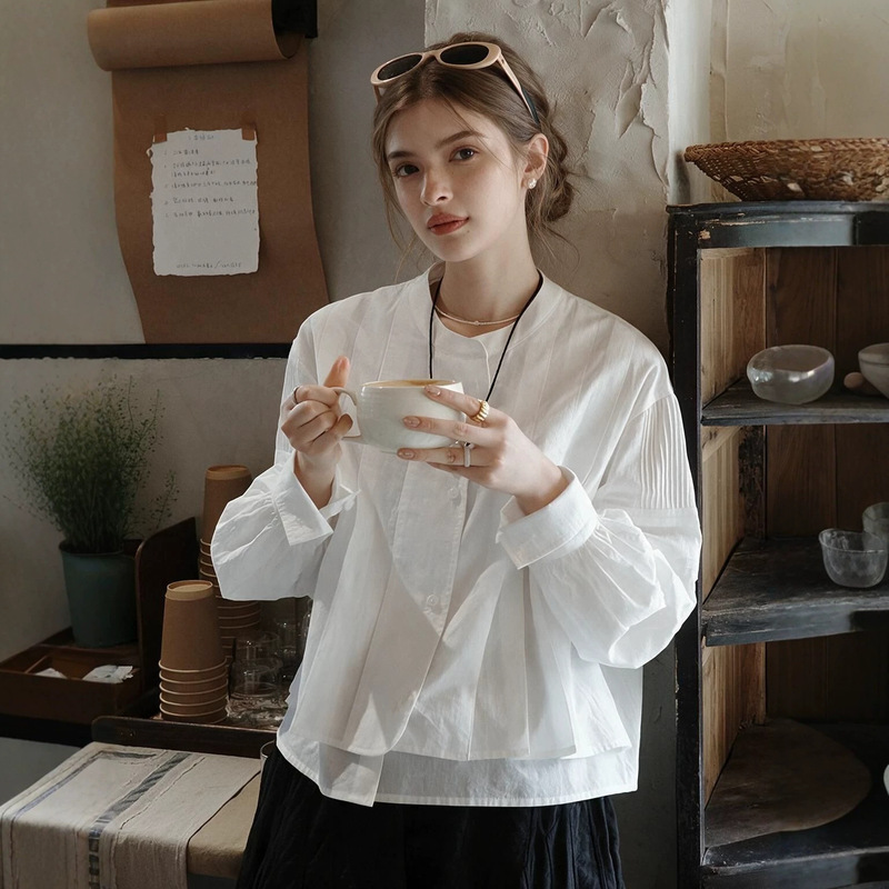 White Light Studio Soft Light Sheer Fabric" 26ss Early Spring New Product 100-count Full Cotton French Puff Sleeve White Shirt White Light Studio Soft Light Sheer Fabric" 26ss Early Spring New Product 100-count Full Cotton French Puff Sleeve White Shirt