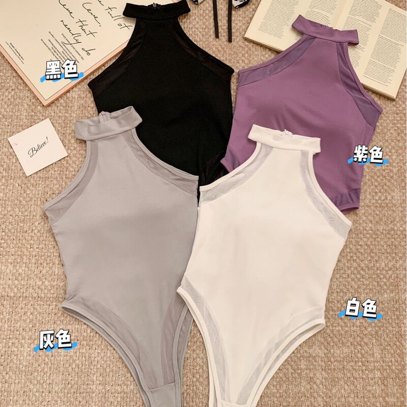 Purely Sexy Hot Girl's Sexy Mesh Patchwork Sleeveless High-Neck Halter Jumpsuit with Chest Pads, Waist-Cinching Slimming Top