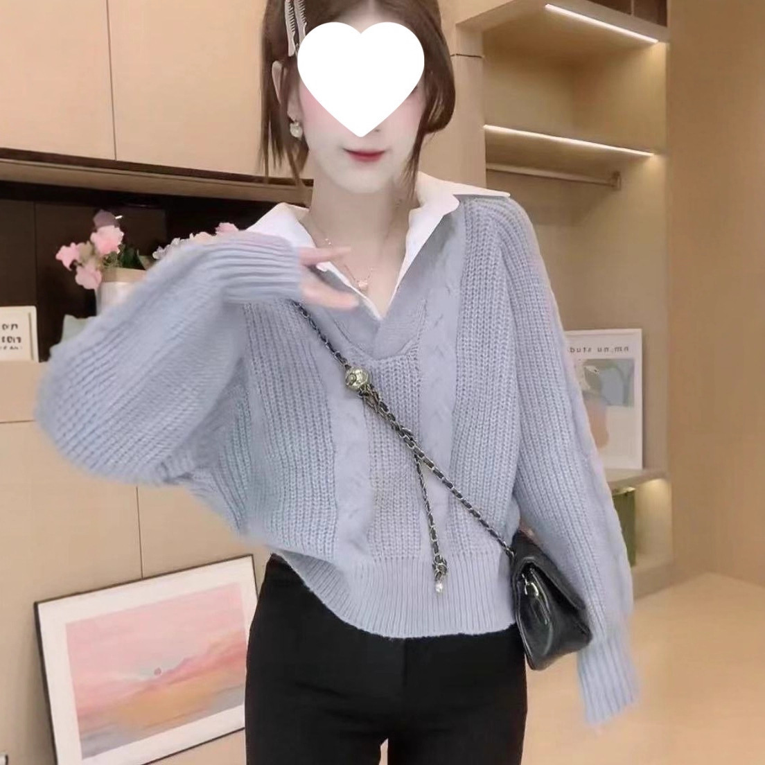 假两件拼接衬衫毛衣女2025秋冬设计感小众翻领宽松外穿针织衫上衣