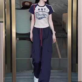 欧货潮流运动套装女夏2025新款时尚洋气显瘦短袖工装阔腿裤两件套