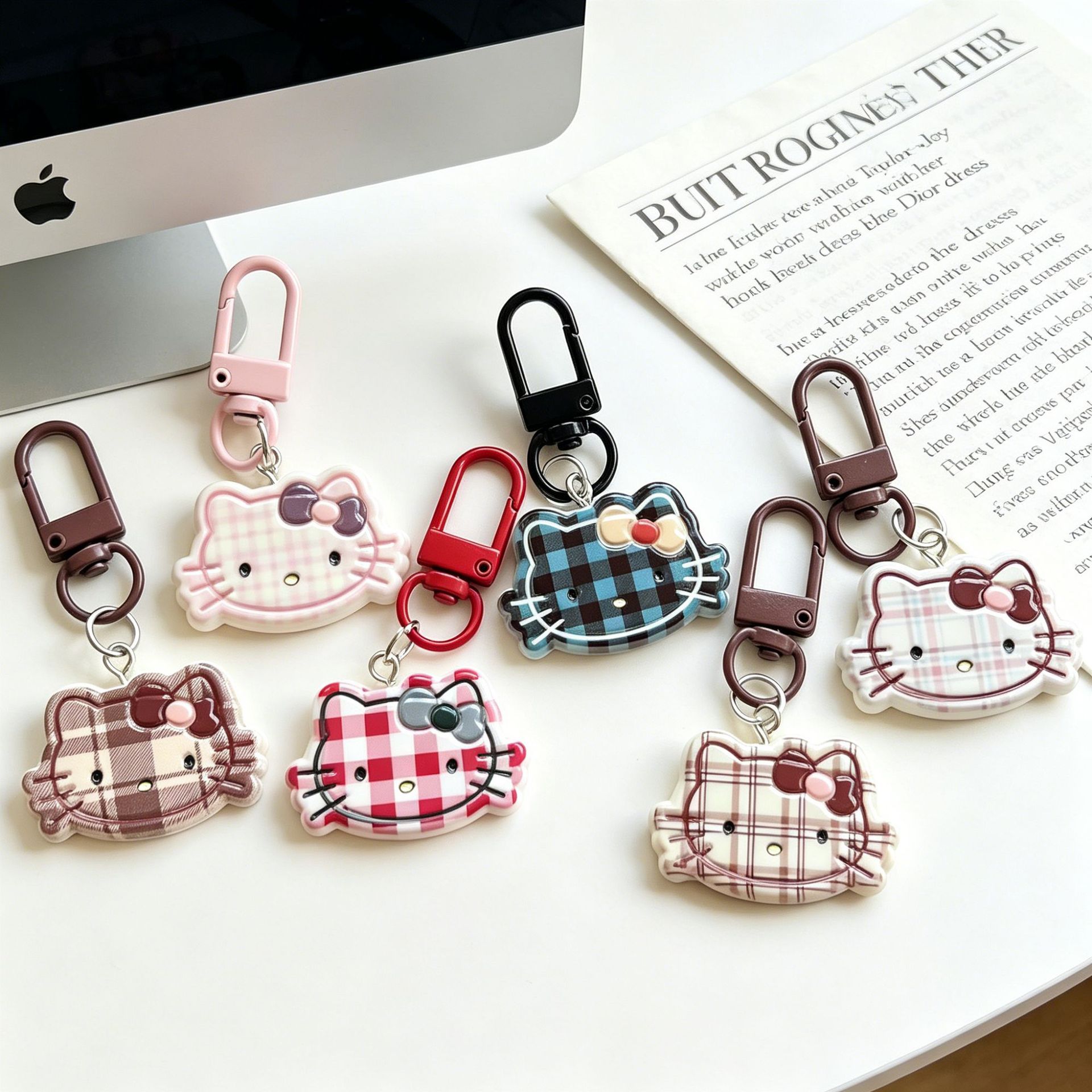 New Retro Cartoon Plaid Kt Cat Keychain Versatile Girly Backpack Pendant Gift for Best Friends and Couples
