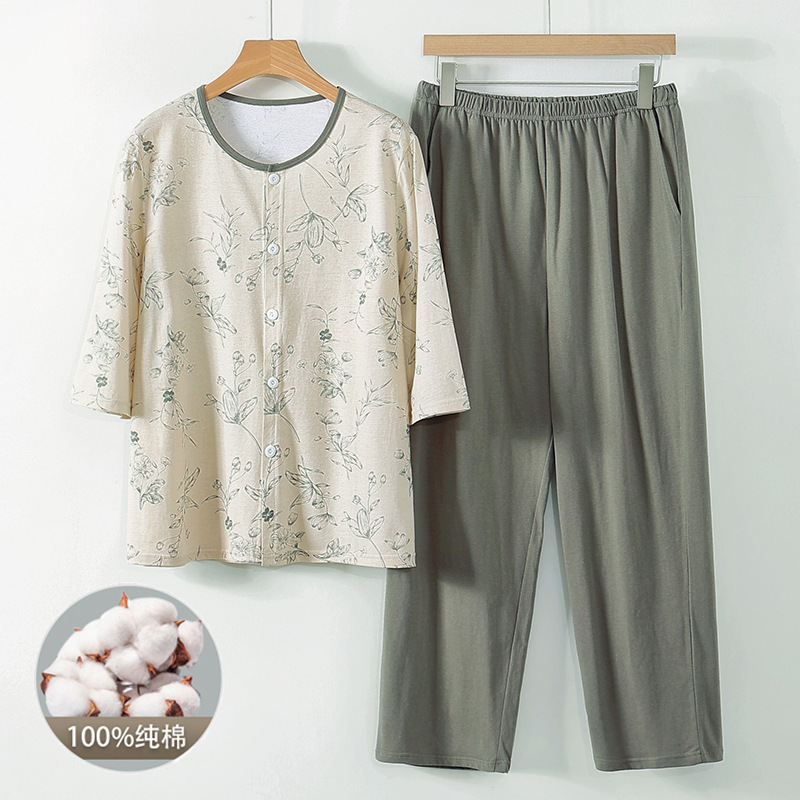 Middle-aged and Elderly Women's All Cotton Home Clothes Summer Mother's Pure Cotton suit Old Lady's Mid-sleeved Trousers Grandma's Cardigan Pajamas Middle-aged and Elderly Women's All Cotton Home Clothes Summer Mother's Pure Cotton suit Old Lady's Mid-sleeved Trousers Grandma's Cardigan Pajamas