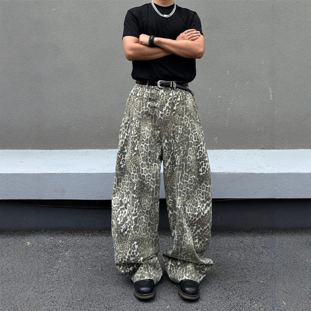 美式复古小众高街vibe豹纹弯刀牛仔裤男vintage宽松阔腿休闲长裤