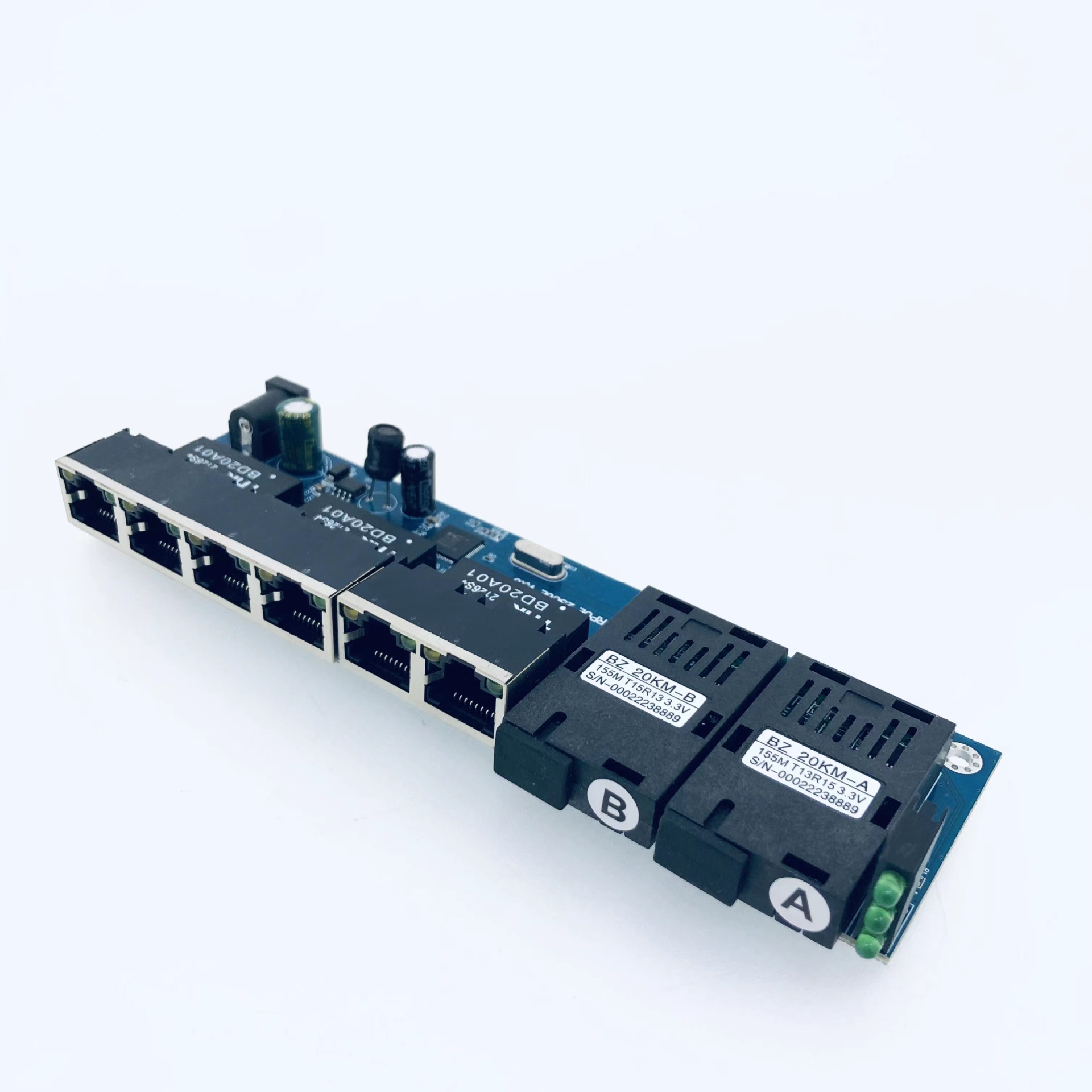 百兆环网光网2光6电光纤收发器环网6口POE供电光纤交换机1台Pcba