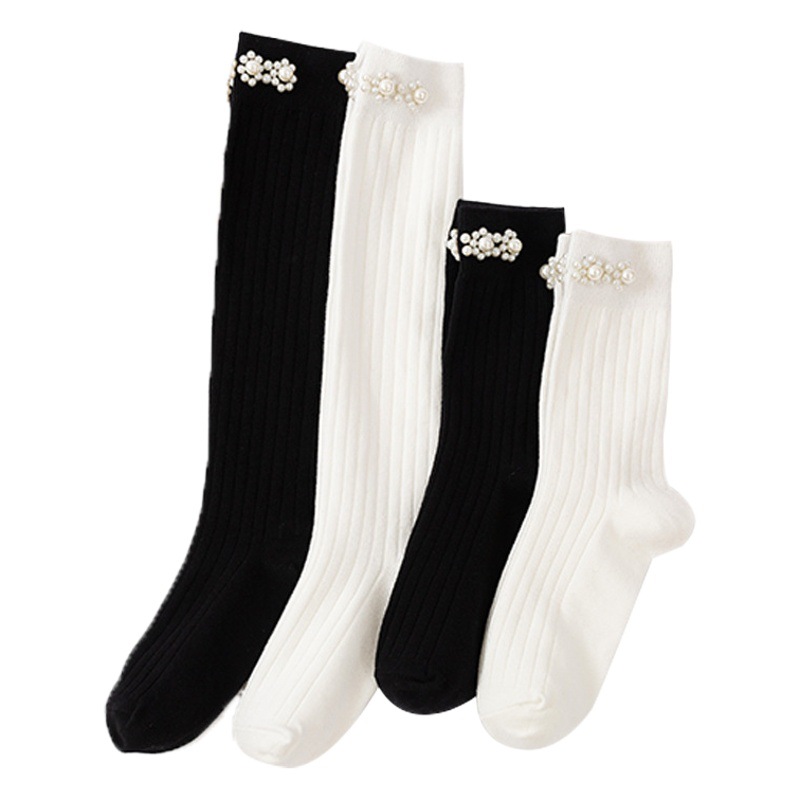 Nuevos calcetines de mujer color sólido blanco y negro perla media pantorrilla calcetines rayas verticales doble aguja JK calcetines de pila de moda image 1
