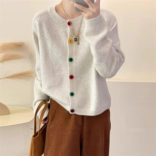 Korean Age-Reducing Colorful Button Elegant Round Neck Knitted Cardigan Women's Autumn and Winter New Style Gentle Style Short Sweater Women's Jacket Trendy